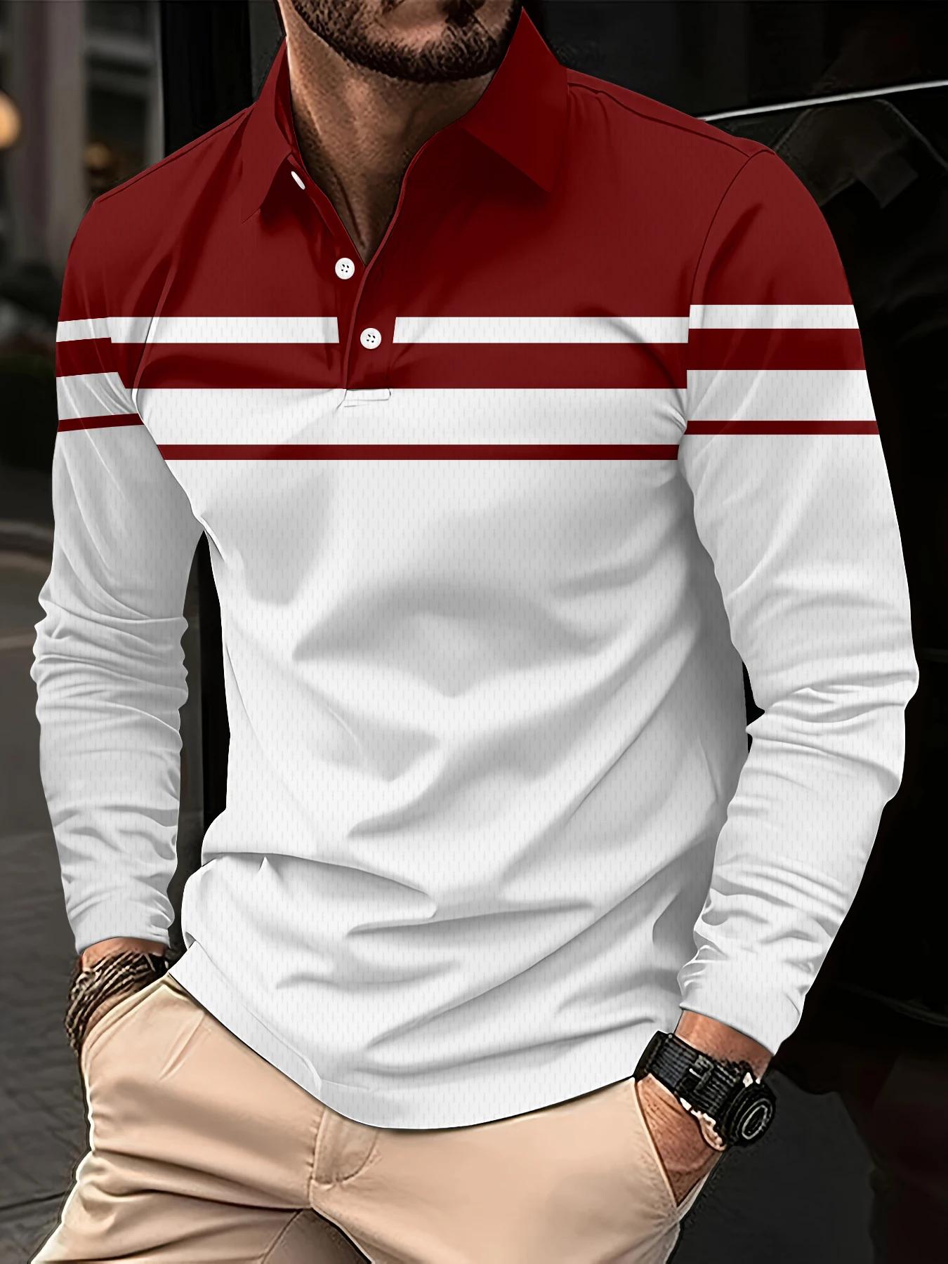 

New classic striped printed polo shirt for men, long-sleeved, autumn casual and comfortable, suitable for button polo shirt, str 3XL червоний