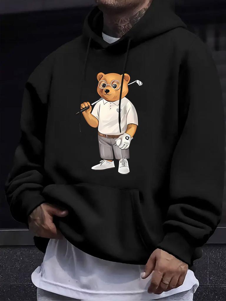 Golf Bear Cartoon Print Hooded Sweatshirt, Trendy and Fun Style, Lively and Eye-catching, Effortlessly Creates a Casual Streetwear Look