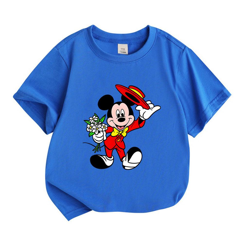 Kids Boys Girls 100% Cotton Crew Neck Short Sleeve T-Shirt, Cartoon Cute Mouse Holding Flowers Taking Hat Off Graphic Casual Soft Breathable Tee for D
