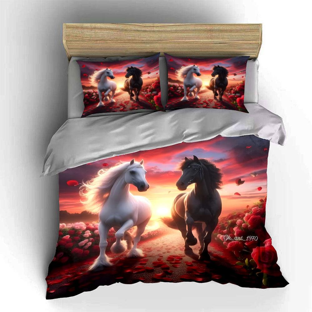 Horse Sunset Art Decor Set Bedding Set with 1 Duvet Cover 2 Pillowcases Single Double King Queen, Gift