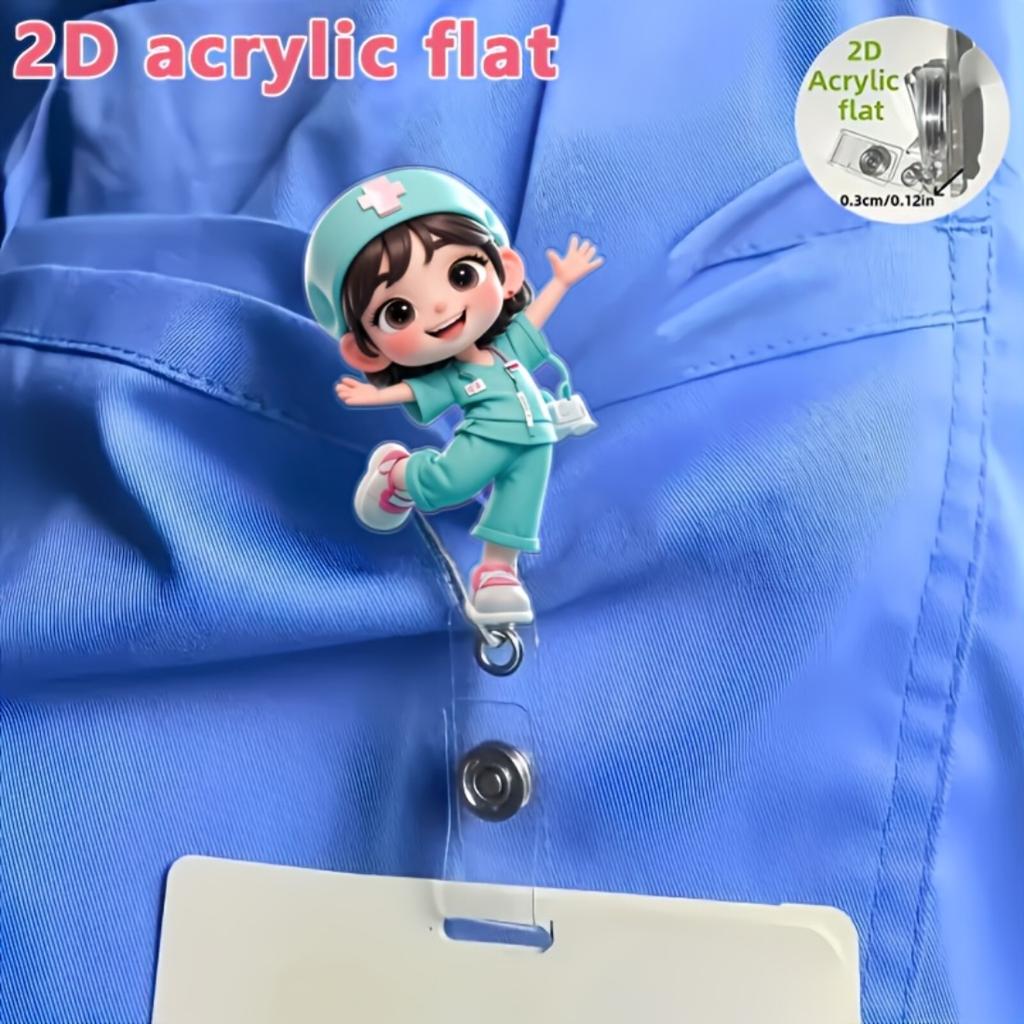 2D Flat Acrylic Nurse Girl With Nurse Cap Retractable Badge Reel, Sturdy Medical ID Tag Clip Accessory For Medical Students Nurses And Hospital Worker