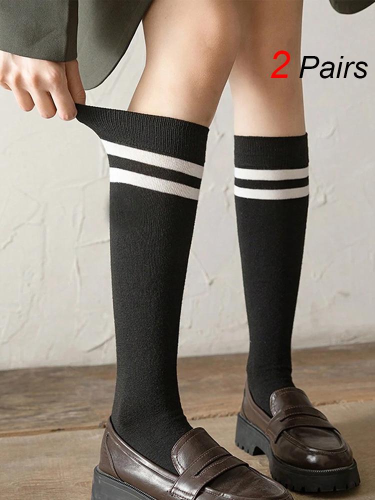 

2 пары женских черно-белых полосатых носков до колена, модные классические носки с двойной перекладиной, удобные потопоглощающие повседневные носки One Size