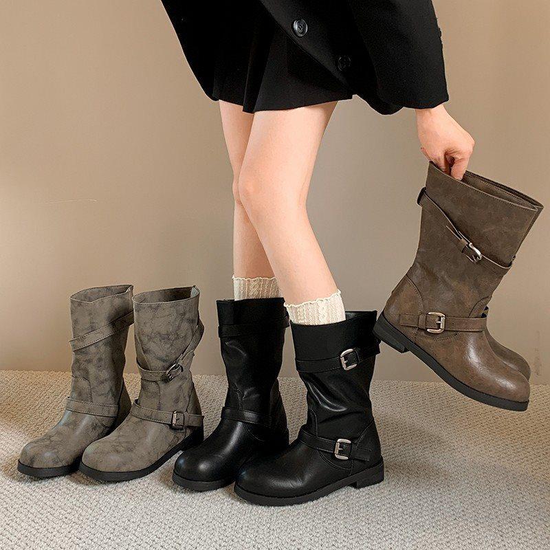 Autumn and winter boots sleeve retro new fashionable fashion flat single boots belt buckle short boots women's round head