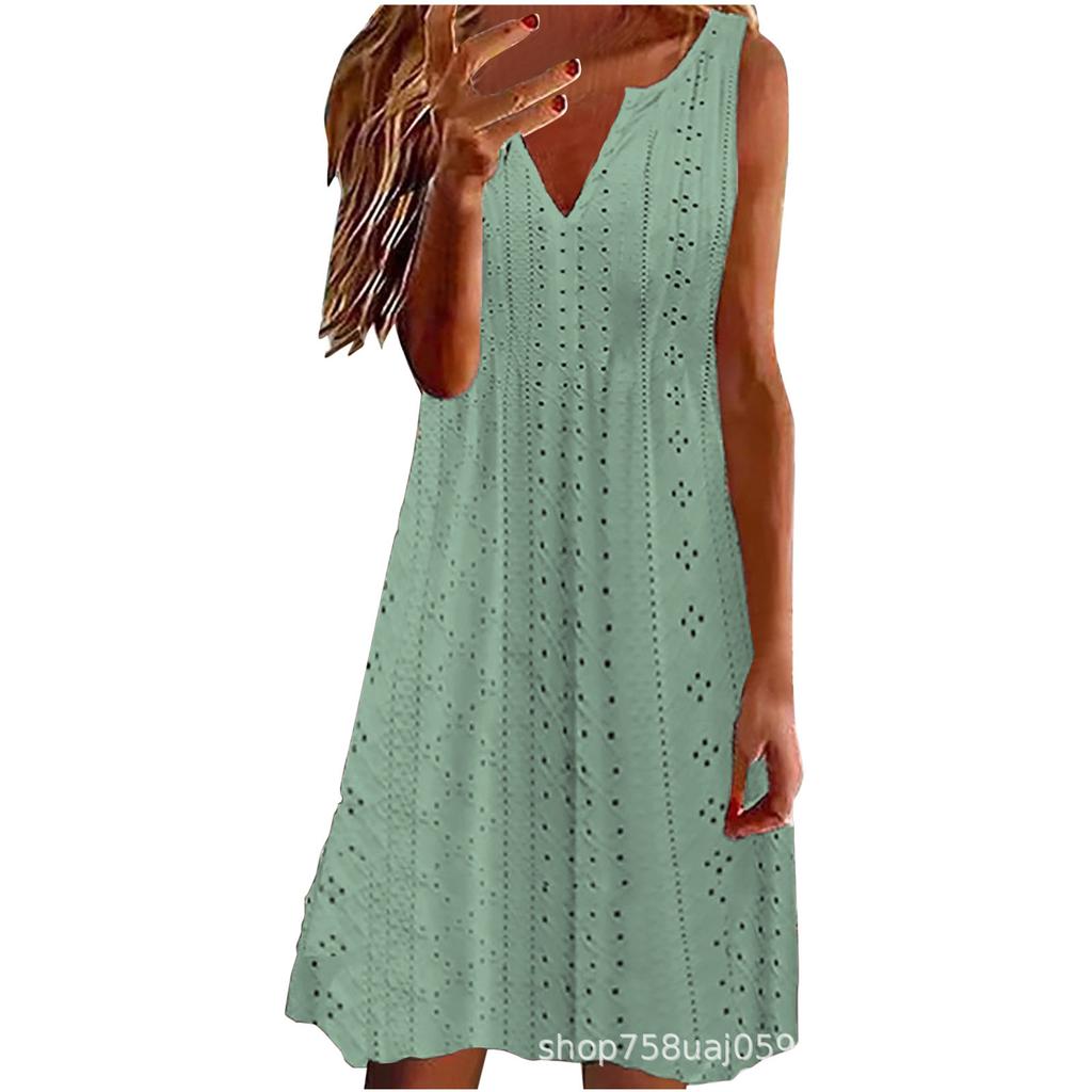 Women's Sleeveless Midi Dress V Neck Mid Rise Elegant Commuter Style Hollow Embroidery A Line Dress Plus Size Casual Dress