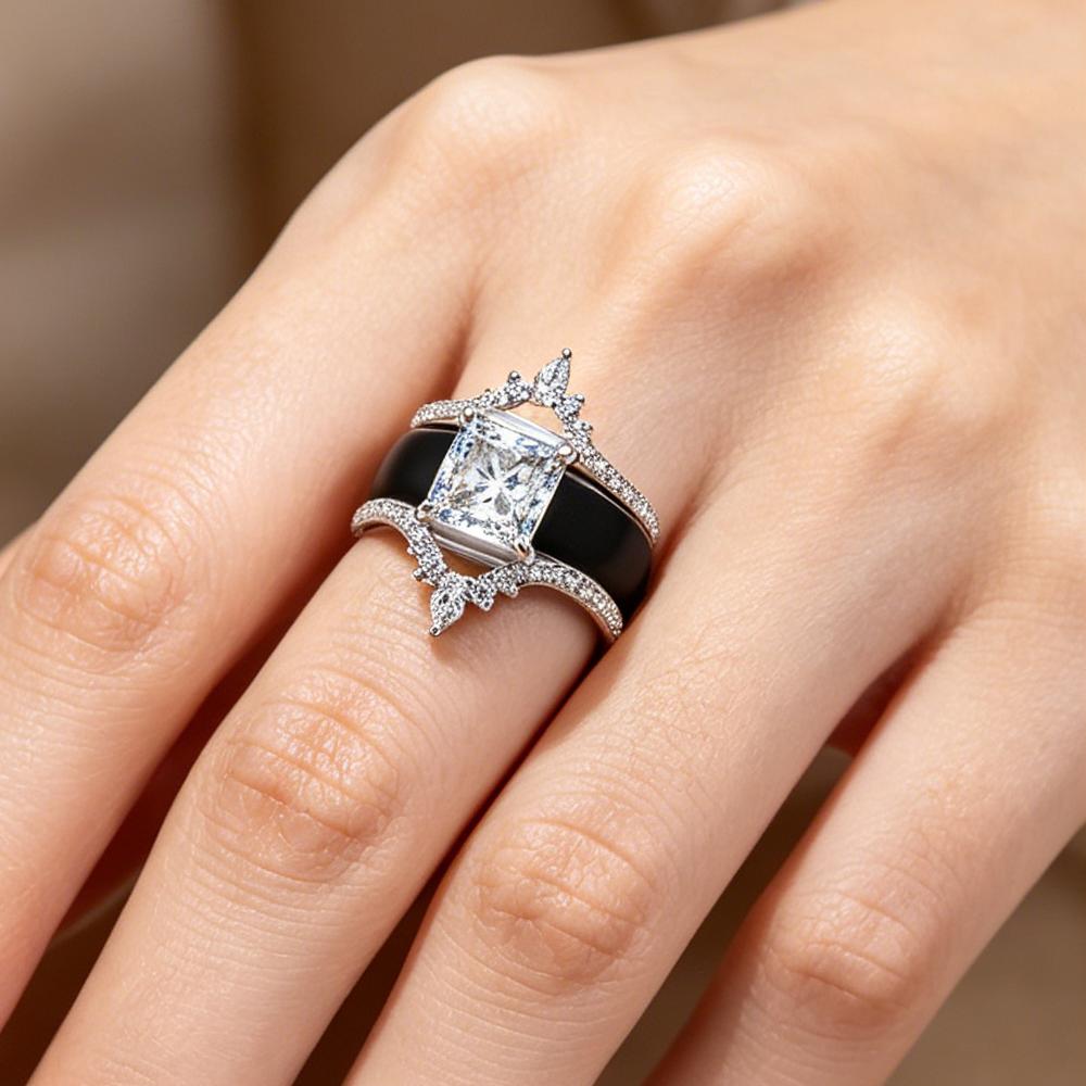 Black Silicone Crown Wedding Ring Set S Princess Cut CZ Stackable Engagement Rings for Women Bridal Promise Jewelry Gift