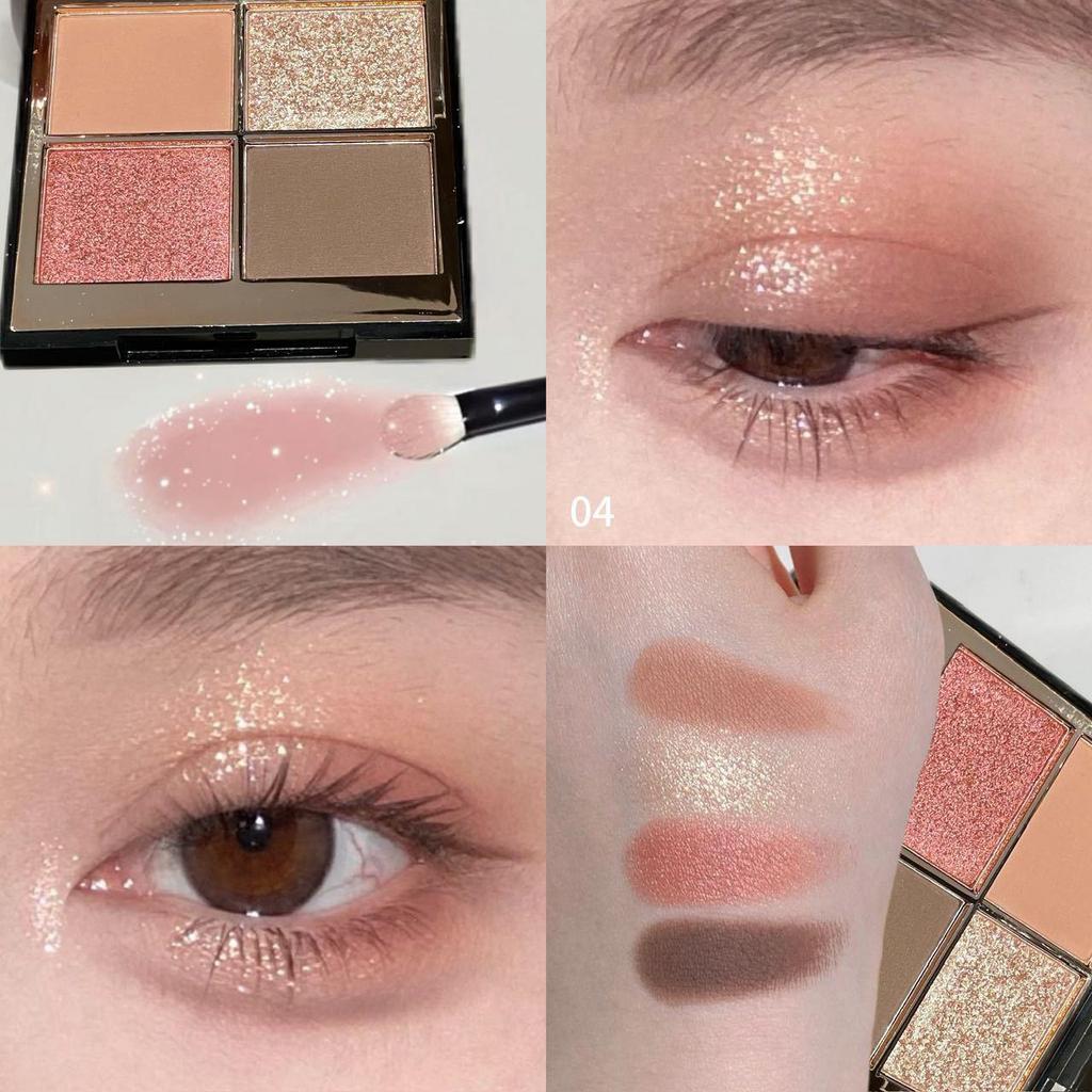 Palette Ombretti Tonalità Terra Herorange: Mix a quattro colori con finiture opaca, shimmer e glitter intensi nelle tonalità del rosa e del marrone.