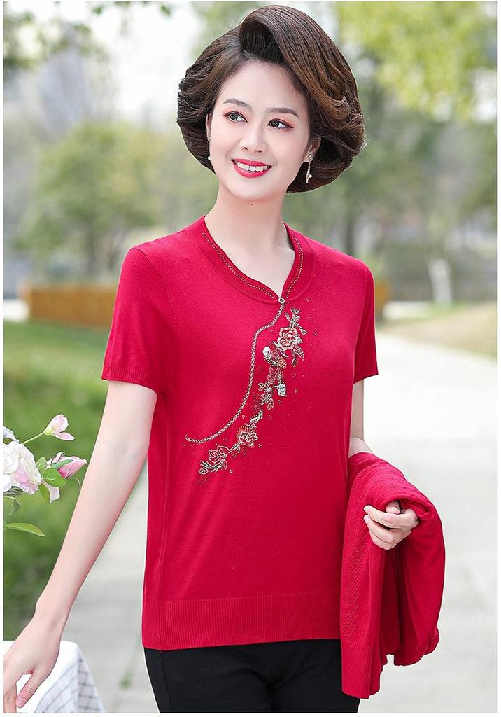 Spring & Autumn Light Jacket and Short Sleeve Summer T-shirt Set for Middle-aged and Elderly Women