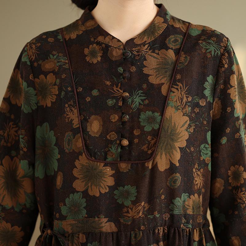 Autumn 2025 Retro Print Loose Cotton Linen V-Neck Long Sleeve A-line Dress Plus Size
