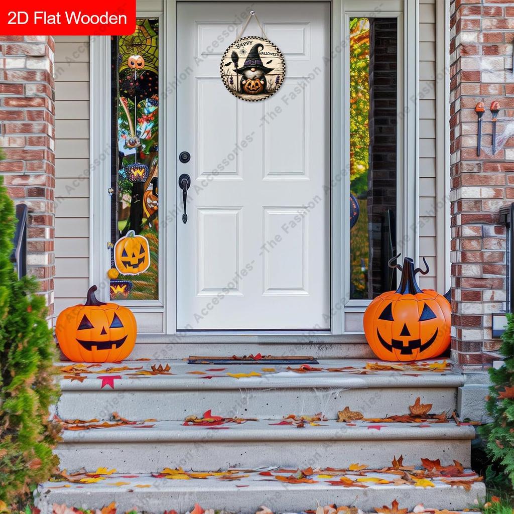 Happy Halloween Witch Gnome Pumpkin Round Wooden Hanging Sign, 2D Flat Printed Halloween Bat Wall Door Ornament, Spooky Farmhouse Holiday Decor Gift