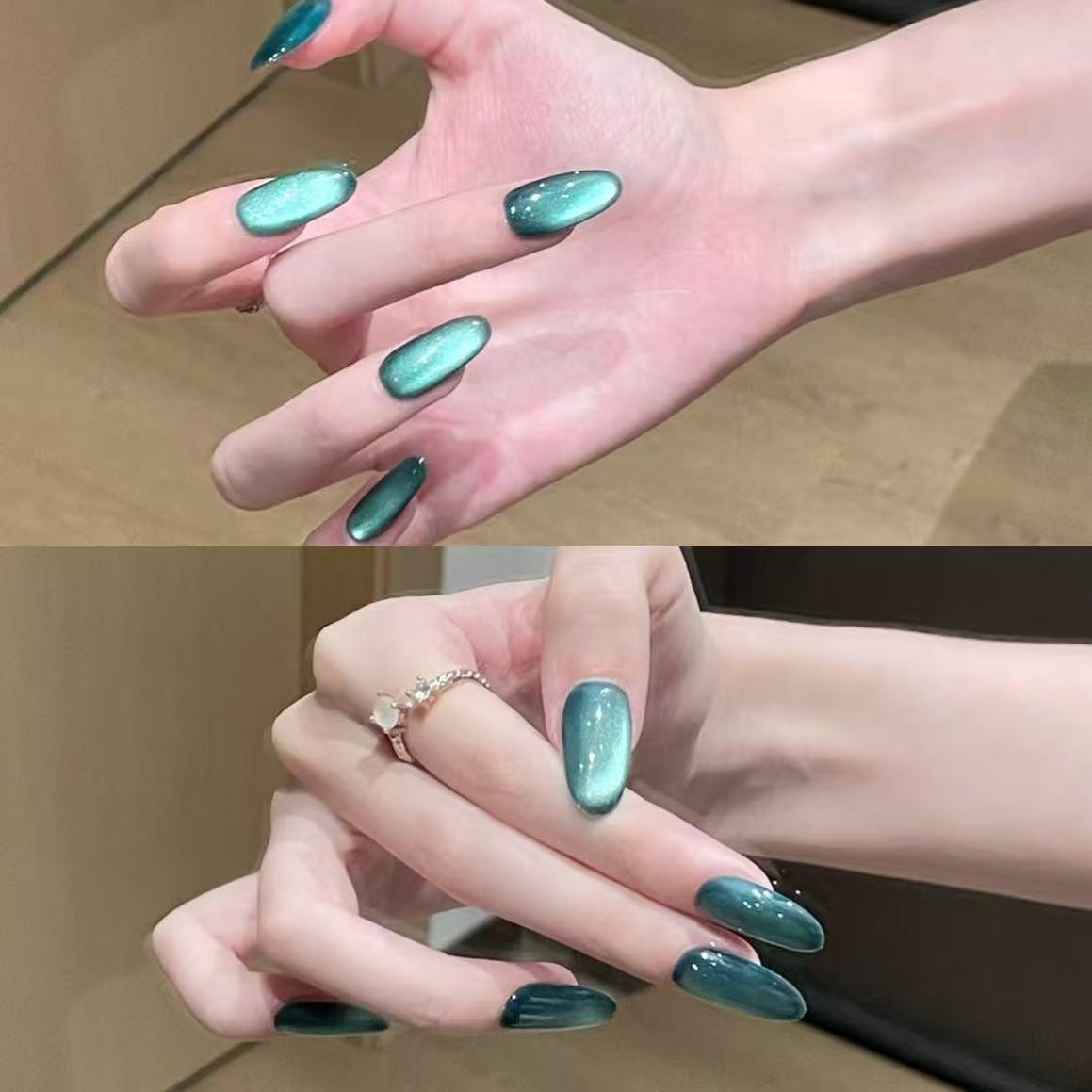 Mint Green Cat Eye Almond Nail Stickers - 24 pcs Whitening Manicure for Autumn/Winter