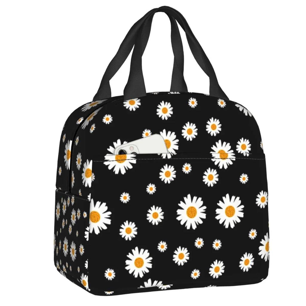 Floral Daisy Print Insulated Lunch Bag for Women Chamomile Flowers Cooler Thermal Lunch Tote Box Portable Picnic Food Bento Bags