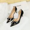 European And American Style Banquet Women's Shoes High Heels Shallow Tips Patent Leather Side Hollow Metal Buckle Single Shoes