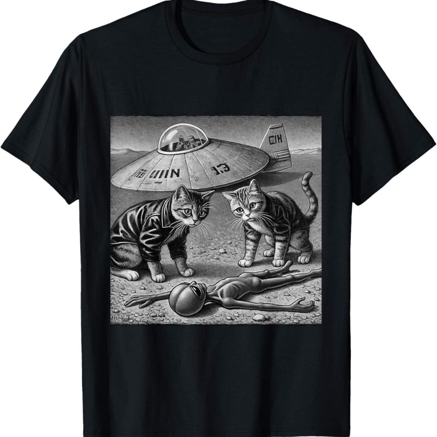 Funny UFO Alien Crash Weird Cat Meme Men Women Kids T-Shirt S чёрный