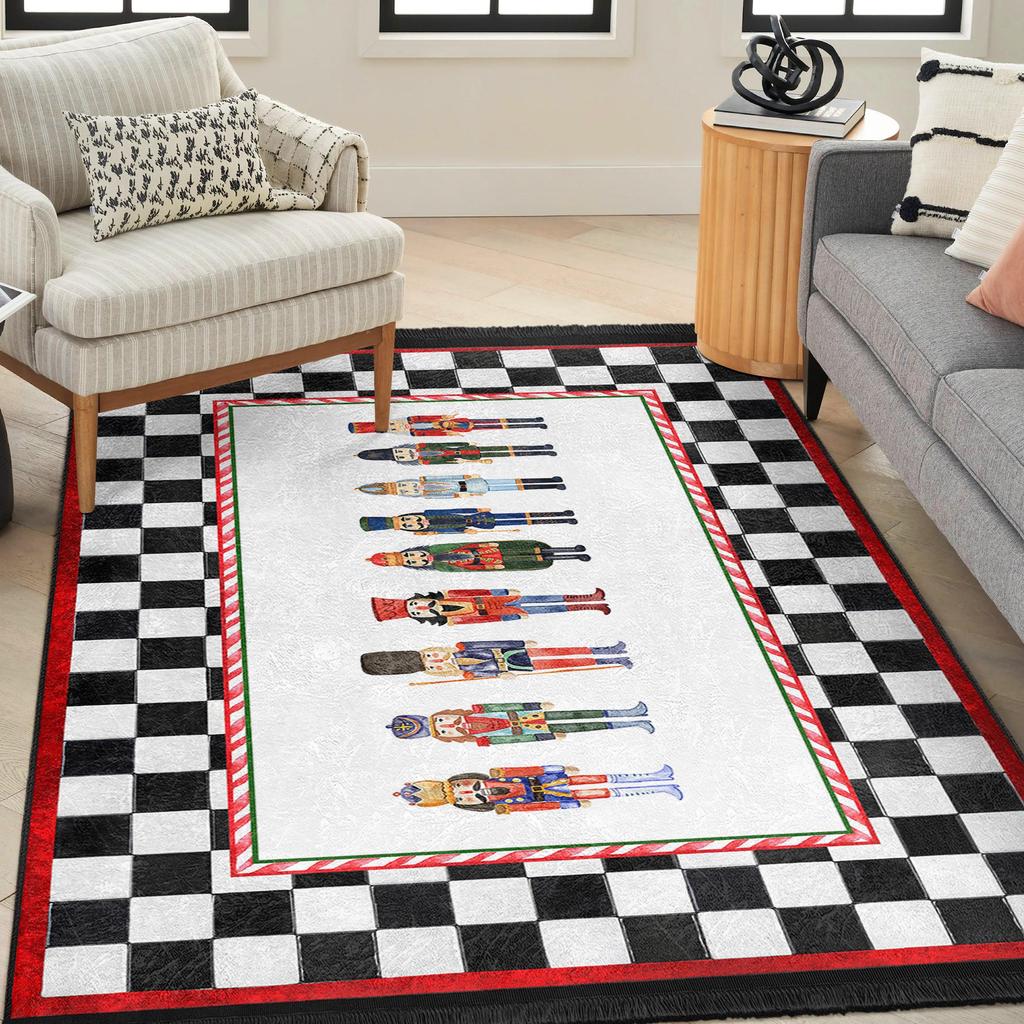 Nutcracker Soldiers Carpet Mat Rug Black White Stripe Gold Trim Vertical Arrangement Festive Home Decoration for Living Room