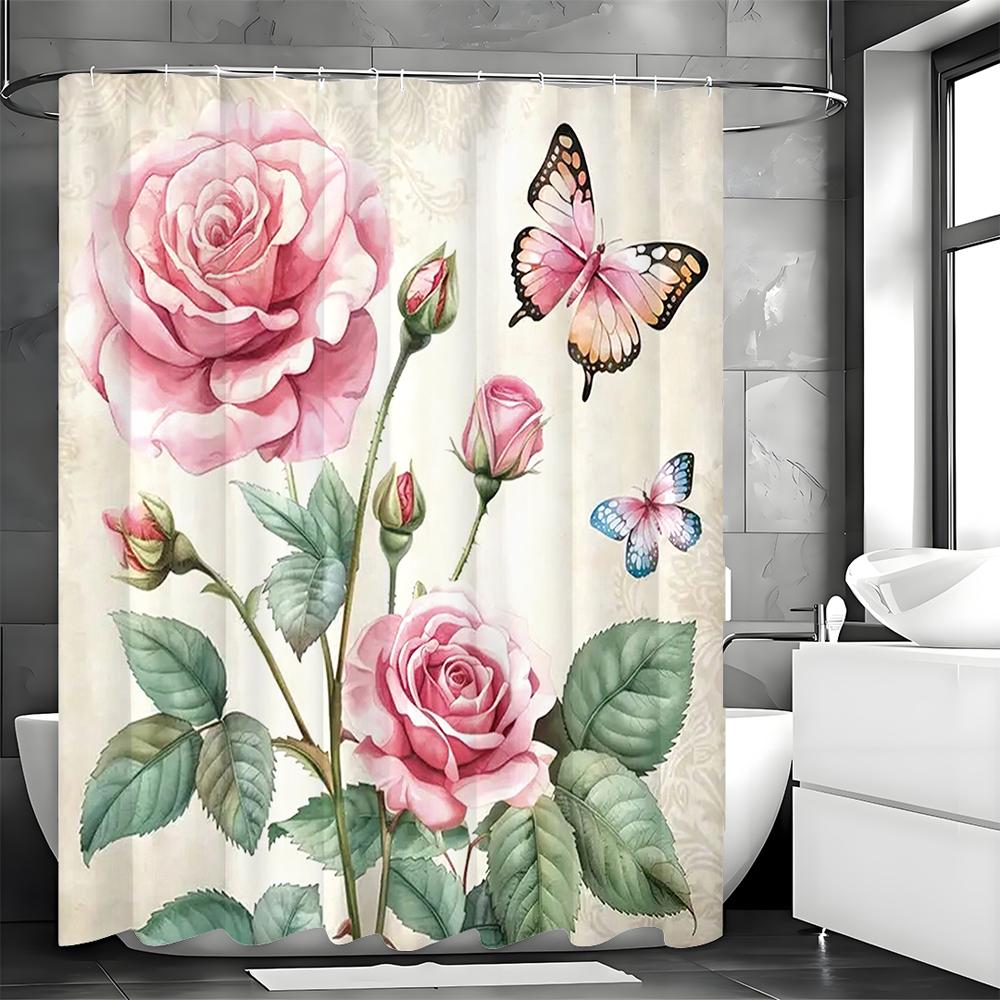 Rosebud Butterfly Shower Curtain, Bathroom Decorative Shower Curtain, Waterproof Shower Curtain with Hooks