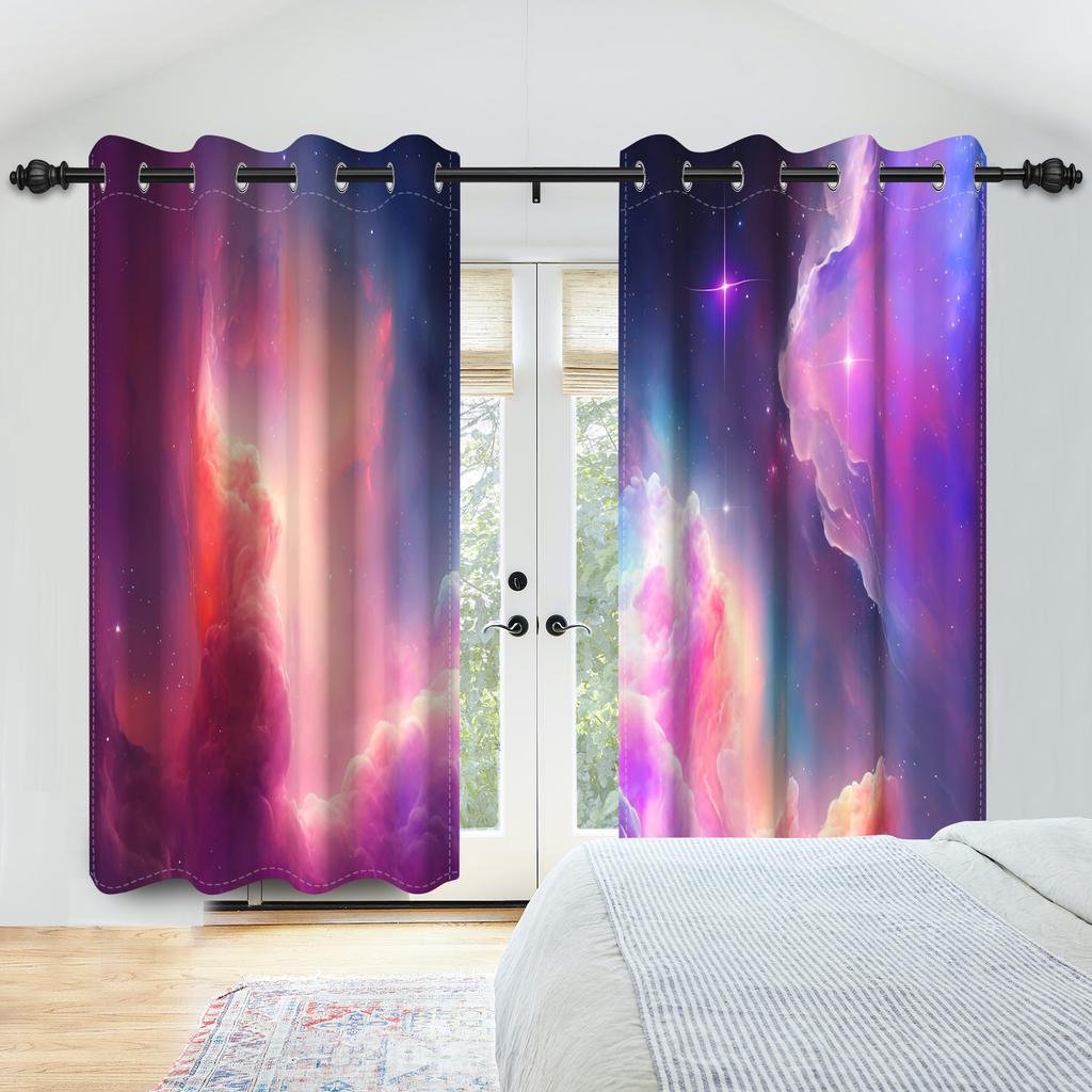 Blackout Dreamy Starry Sky Printed Curtain Galaxy Aurora Cosmic Night Kids Bedroom Living Room Study Decor Set Of 2 Made Polyester Washable Ready
