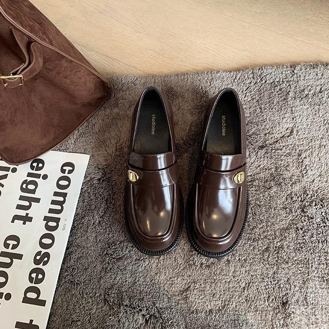 

Grape Home~ Cowhide Edition, New Leather Versatile Round Head Gold Buckle One Pedal Thick Heel Loafu Small Leather Shoes Women s Autumn 40 коричневый