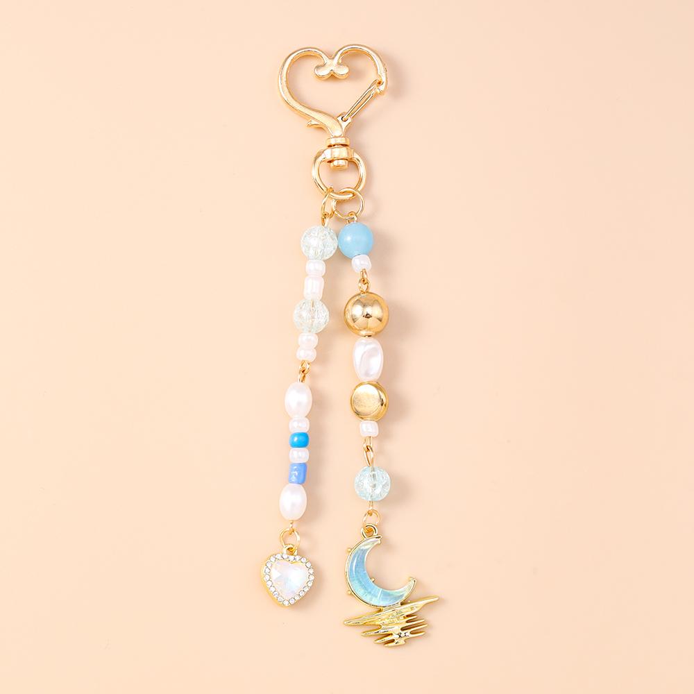 Fashion Star Moon Keychain Crystal Pearl Key Ring Pendants for Women Girls Handbag Decor DIY Handmade Key Chain Gifts