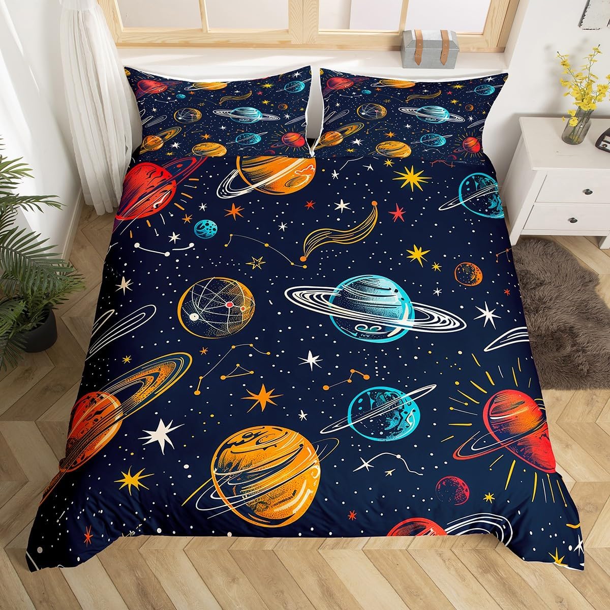 

Space Themed Bedding Set Galaxy Outer Space Duvet Cover Set Full Queen for Boys Girls Earth Planets Moon Stars Comforter Cover EU Single(135*200cm)3pcs