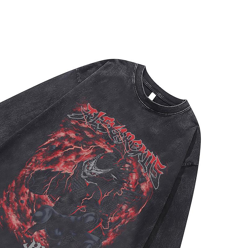 Dark Cartoon Direct Injection Printing Washed Long-Sleeved T-Shirt Men'S And Women'S American Retro Bottoming Shirt Top