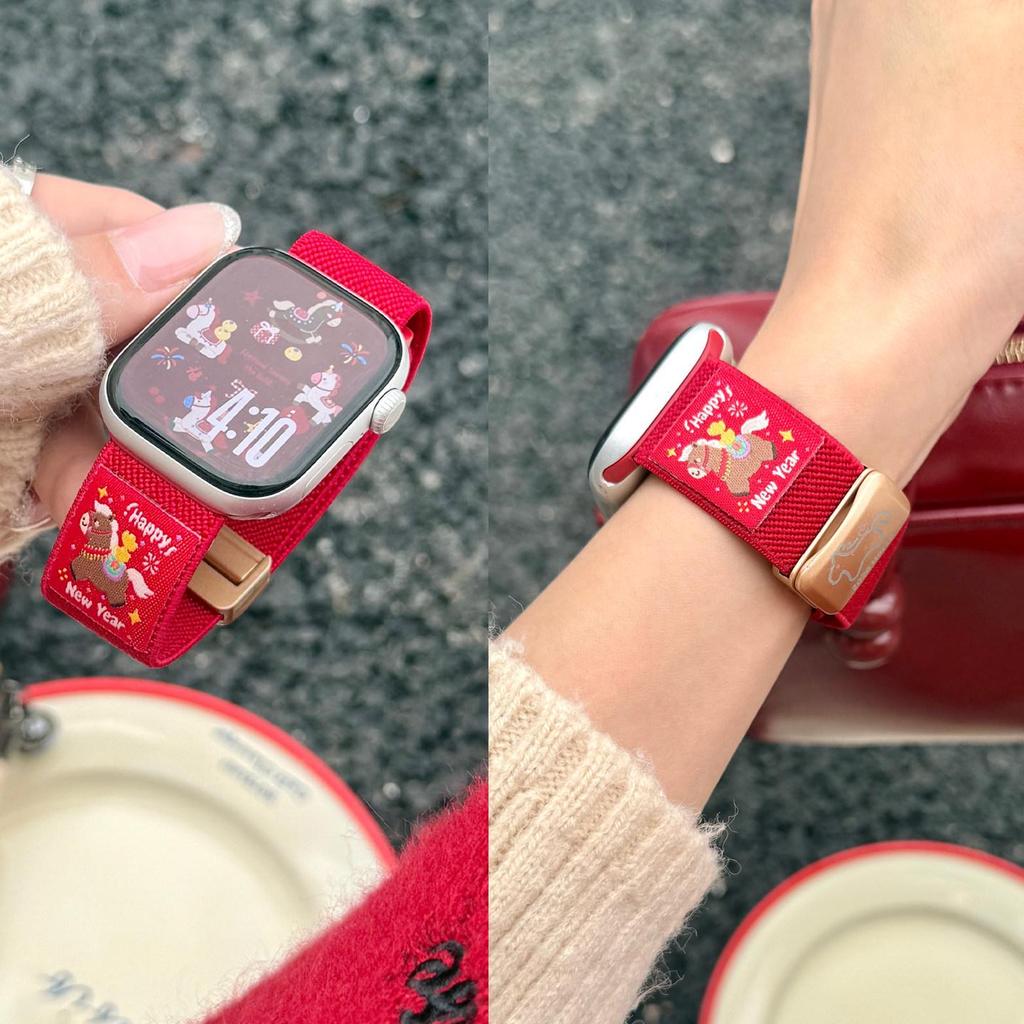 Year of the Horse Red Nylon Watch Band for Apple S11, Magnetic Buckle, Cute Design, Compatible with Series 10/9/8/7