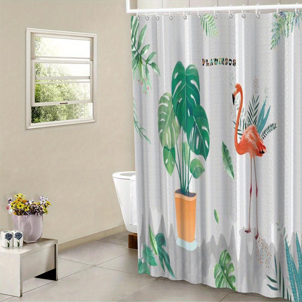 Flamingo & Monstera Shower Curtain - Tropical Design, Grey Stripes, 12 Hooks,  Polyester, Machine Washable, Grommet Top W90xH180cm
