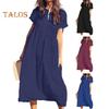 Women's Cotton Linen Maxi Dress Casual Short Sleeve V-Neck Sundress Loose Beach Pleated Long Dress for Summer Vacation