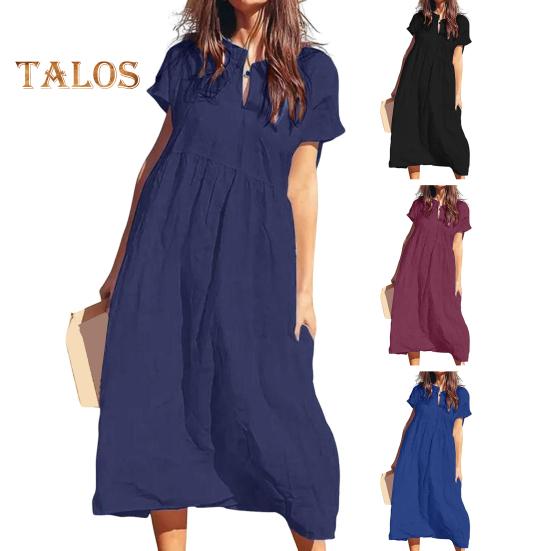 Women's Cotton Linen Maxi Dress Casual Short Sleeve V-Neck Sundress Loose Beach Pleated Long Dress for Summer Vacation