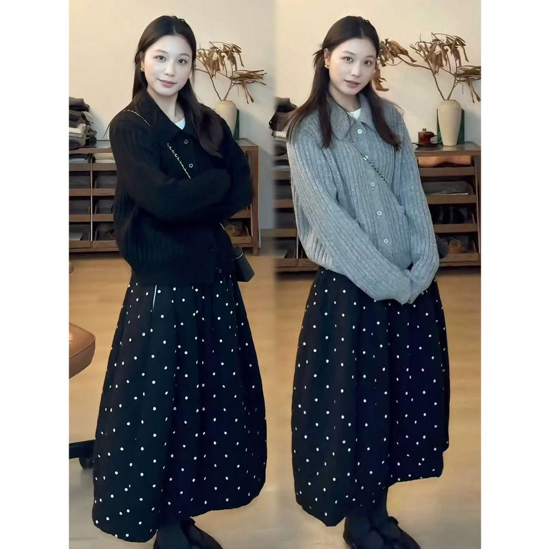 

Spring 2026 Street Style Polka Dot Slim-fit Cardigan & Skirt Set S