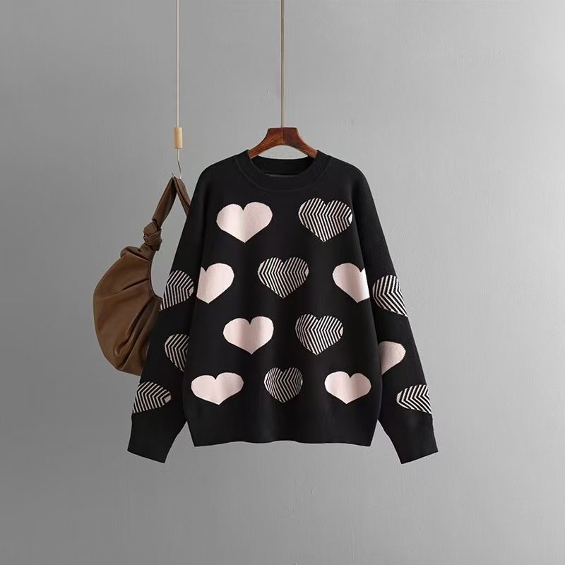 

Western Style New Love Jacquard Knit Loose Sweater Heart-Shaped Knited Sweater Black All yards