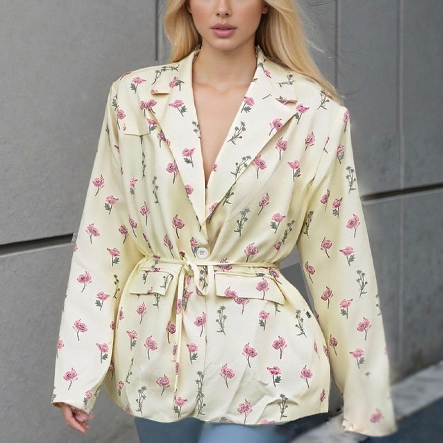 Women's Spring Autumn New Fashion Printed Loose Fit Blazer with Tie Waist Jacket
