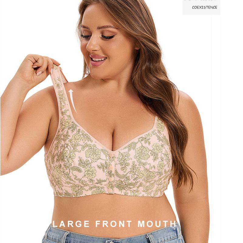 Women's Plus Size Front Closure Floral Print Bra, A-G Cup 36-52 Full Coverage Wireless Vest Style Bra for Large Bust Ladies