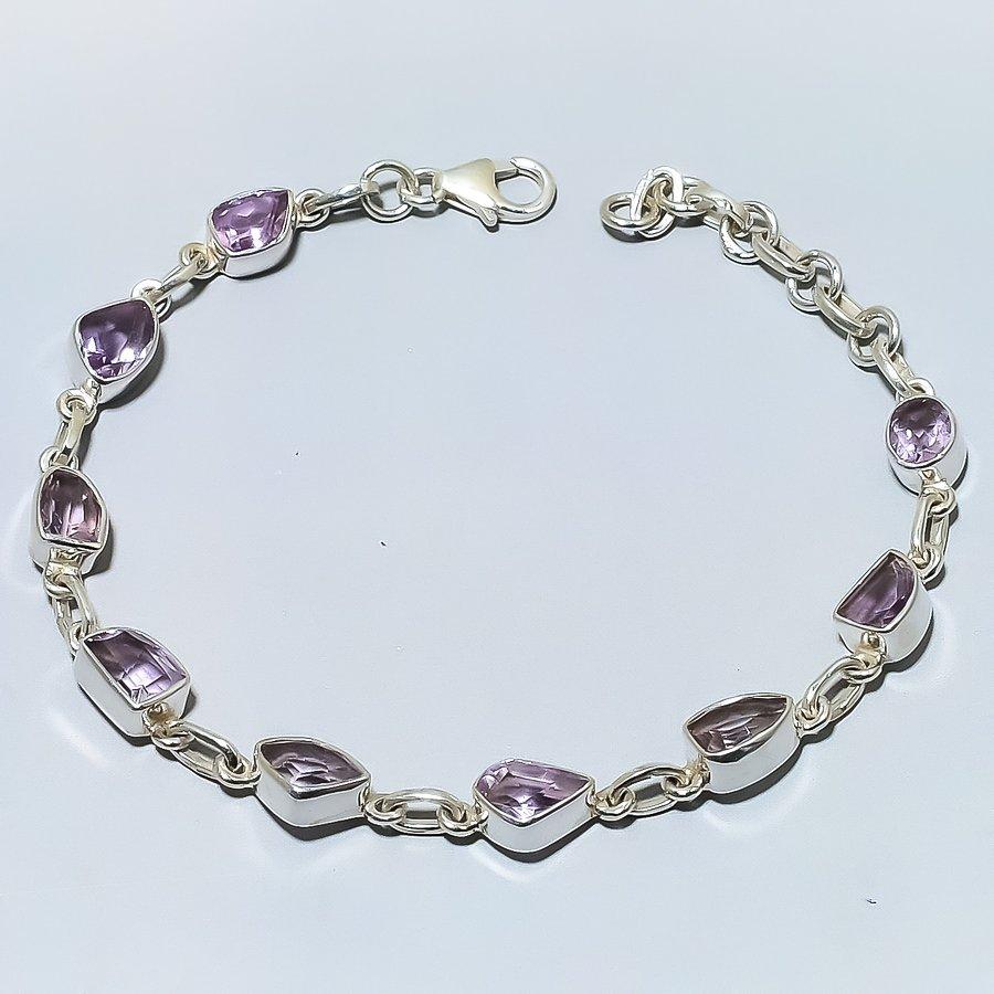 Natural Pink Amethyst Gemstone 925 Solid Sterling Silver Gift Bracelet 7-8" W0h90
