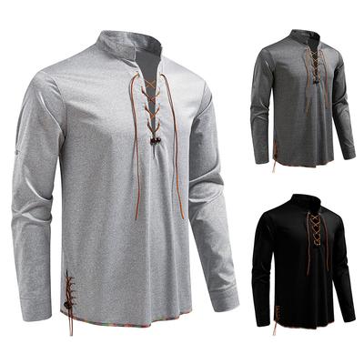 Men's Lace-Up Stand Collar Shirt Casual Retro Top for Men Autumn Winter Fashion Long Sleeve Multi-Color Male Blouse