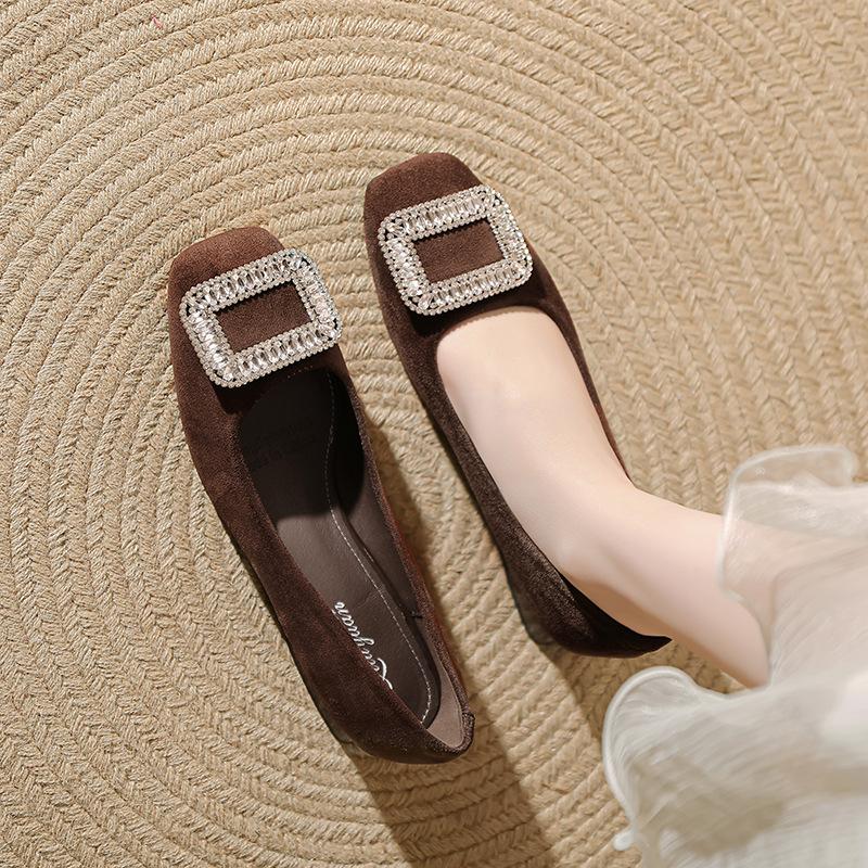 Comfortable low-heeled single shoes women's black work shoes 2025 spring and autumn women's shoes French rhinestone square buckle thick heel high heel