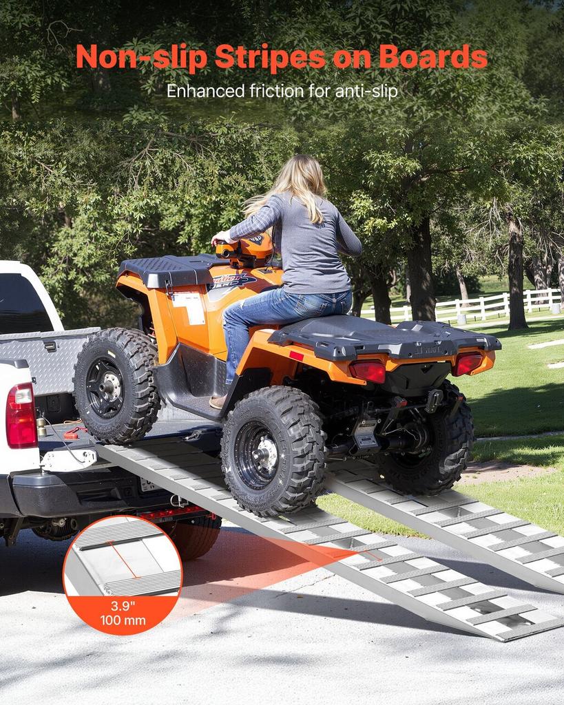 Loading Ramps, 2 Pcs 2745 X 380 Mm, Durable Aluminum and Heavy-Duty Trailer Ramp Set with Anti-Slip Plates, 4535.9 Kg Combined Capacity, for Carts,