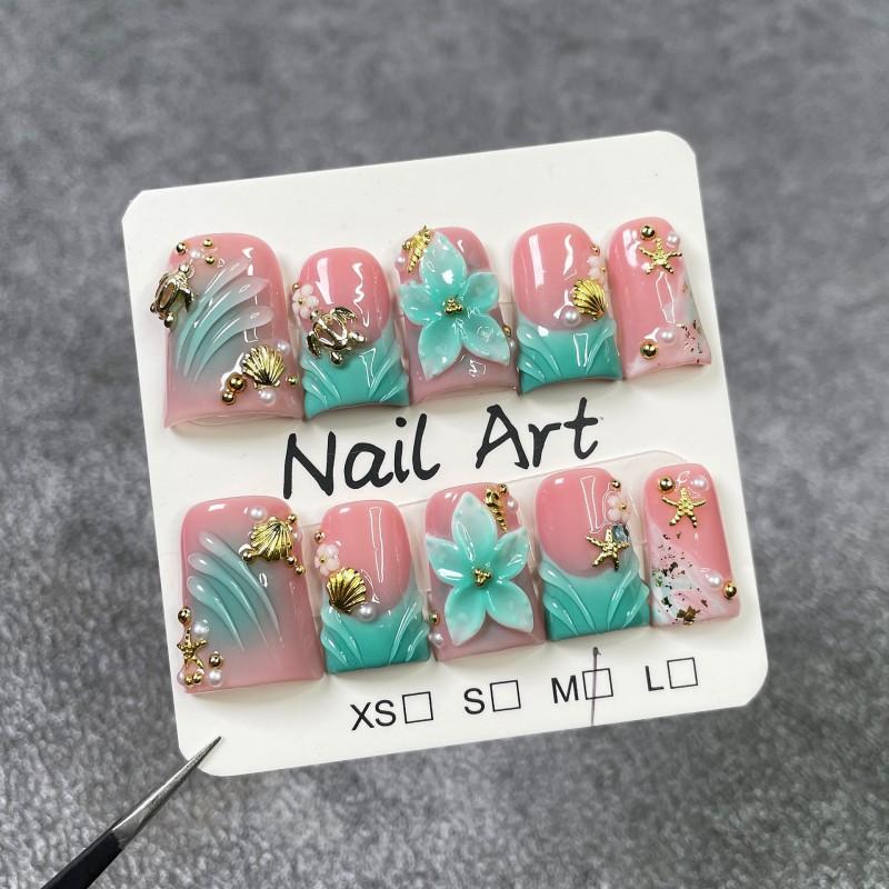 3D Floral Embossed Press-On Nails Short Duckbill Shape Gradient Blush French Tips Sweet Chic Style Small