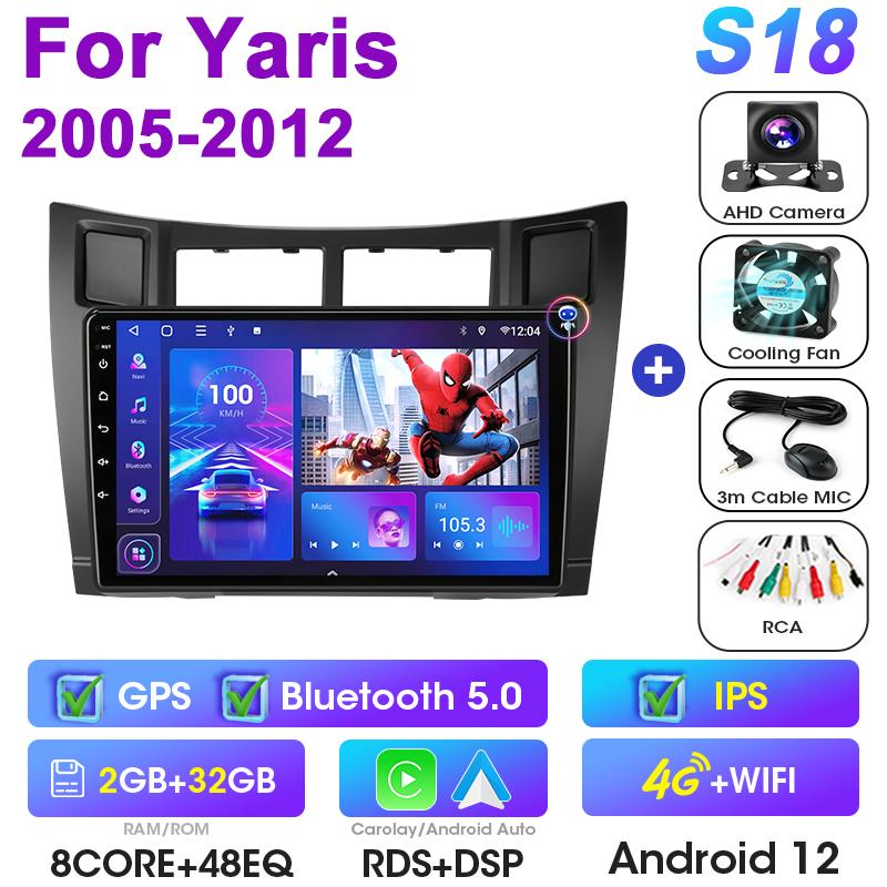 2 Din Android 12 Car Radio For Yaris 2005 - 2012 Multimedia Video Player Navigation GPS 4G Carplay Stereo QLED DVD RDS Head Unit