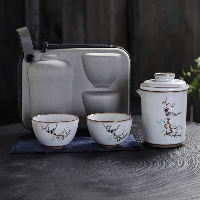 Ru Kiln Kuaike Cup Car Portable Travel Kung Fu Tea Set One Pot Two Cups Ceramic Ru Porcelain Customization