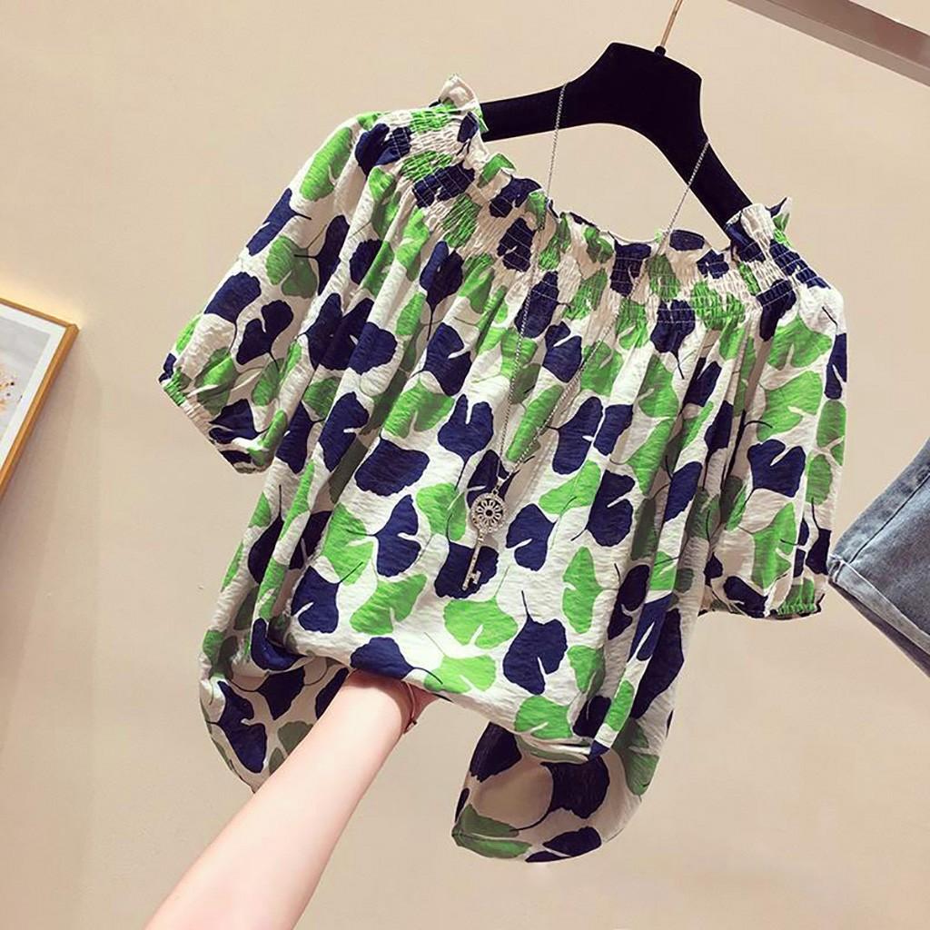 Fashion Women Casual Cold Shoulder Printed Short Sleeve Loose Chiffon Tops