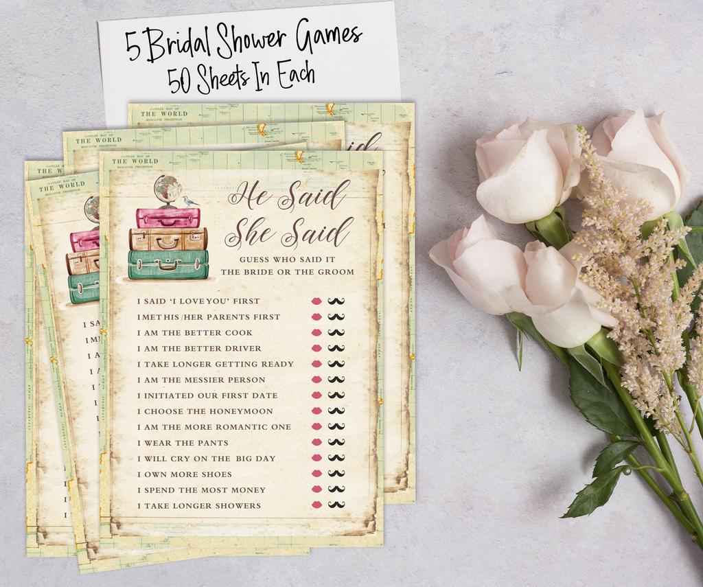 Inkdotpot Travelling Theme Bridal Shower Games Set of 5 (Activities for 50 Guests) Fun Bachelorette Party Games Set Bundle