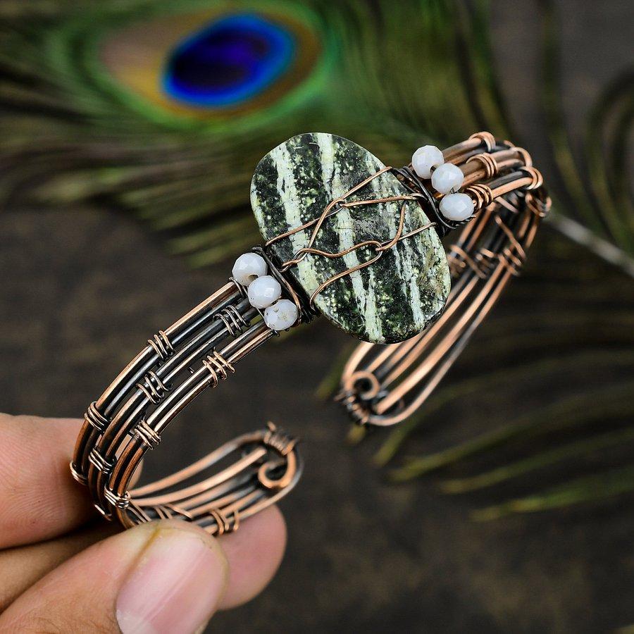 Natural Banded Green Opal Gemstone Copper Wire Wrap Cuff Bangle Adjustable w9K50