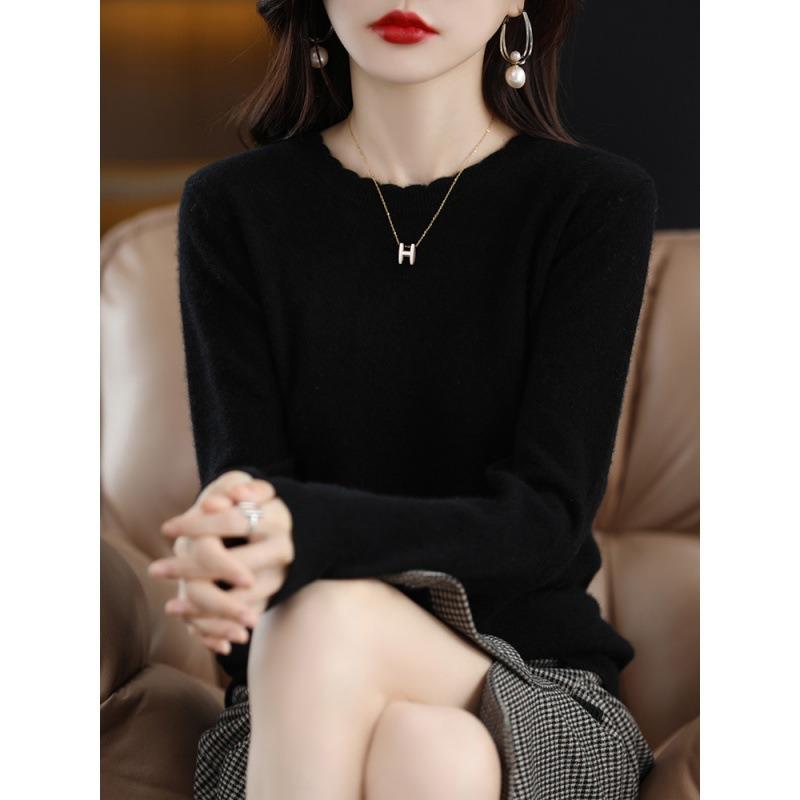 Soft Waxy Casual Lace Round Neck Bottoming Shirt Women's New Spring and Autumn Sweater Long-sleeved Knitted Sweater Loose
