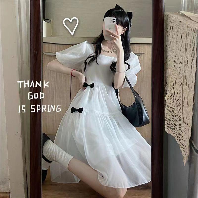 First Love Dress Retro Gentle Wind Square Neck Bubble Sleeve White Princess Dress Tea Break French Platycodon Dress Bow
