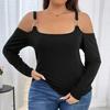 Casual Solid Color Pullover Women's Cold Shoulder Ruffle Sleeves T-Shirt Elastic Waist Tight Crop Top Double Lined Shirt Tops Basic Soft Tee