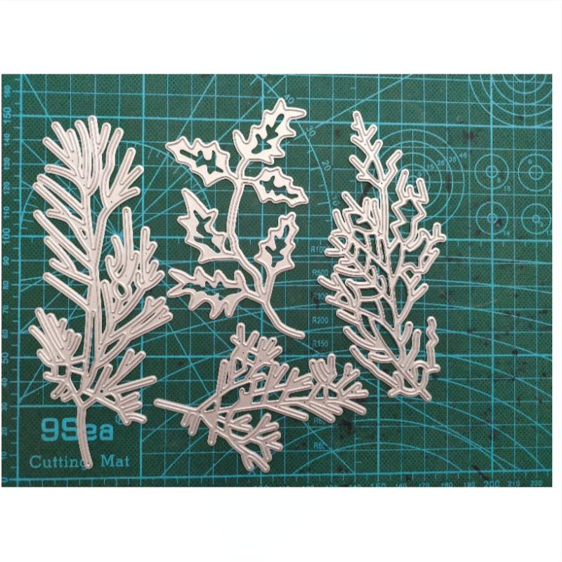 

4Pcs / Set Металеві різдвяні рослини вирізання штампів для скрапбукінгу Гілка листя сосни Стебла Трафарети Листівка виготовлення великого пострілу рельєфна срібний