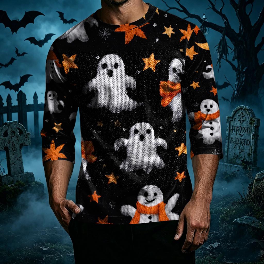 Men's Casual Halloween Print Crew Neck T-Shirt Three Quarter Sleeve Relaxed Fit Lightweight Cotton Blend Top for Everyday Wear