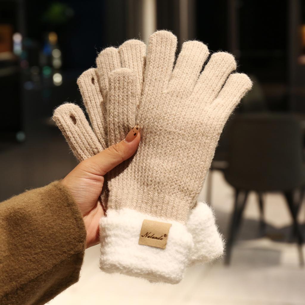 New Women's Thickened Thermal Gloves Winter Simple Plush Splicing Versatile Dew Finger Knitted Gloves