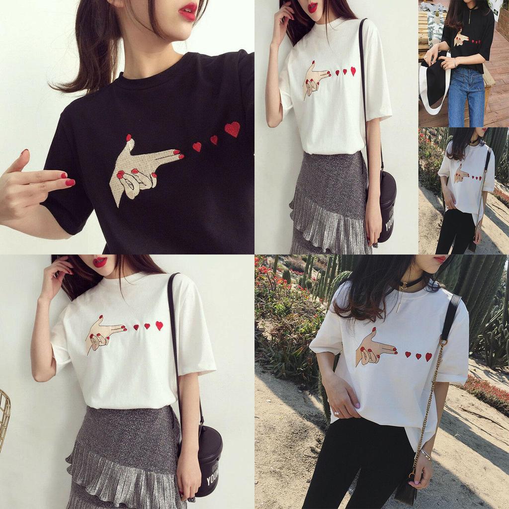 Fashion Women Girl Korean Summer Heart Print Casual T-shirt With Short Sleeves