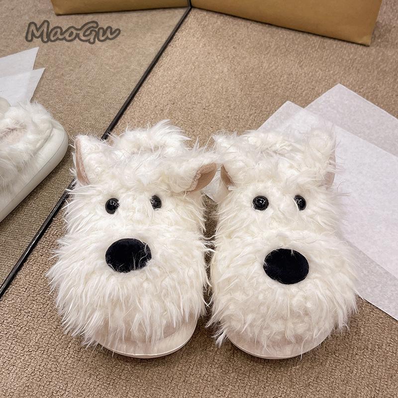Fashion Casual Fluffy Women's Slippers Home Flat Cartoon Dog Design Winter Shoes Girls Indoor Plush Platform Footwear Fuzzy Fur Slides